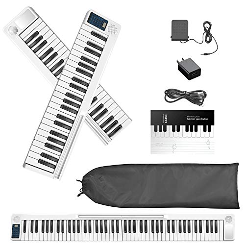 SEAAN Piano eléctrico plegable de 88 teclas, Bluetooth, MIDI, pedal de salida, aplicación inteligente con práctica de juego, 128 tipos de afinación de piano eléctrico, color blanco