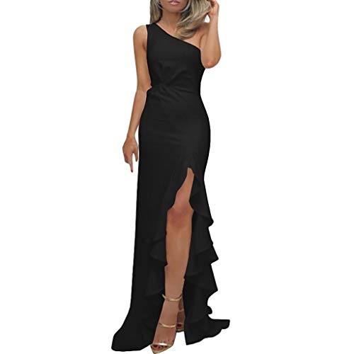 SHOBDW Vestidos Mujer Día De San Valentín Presente SóLido Un Hombro Vestido De Fiesta De Noche Formal Elegante con Pliegues Altos con Volantes De Hendidura Elegante Maxi Vestidos Largos(Negro,S)