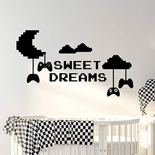 SUPWALS Pegatinas de pared Sweet Dreams Wall Decal Kids Bedroom Nursery Baby Room Moon Gamer Pixel Clouds Game Controller Home Decor Vinyl Sticker 42X24Cm