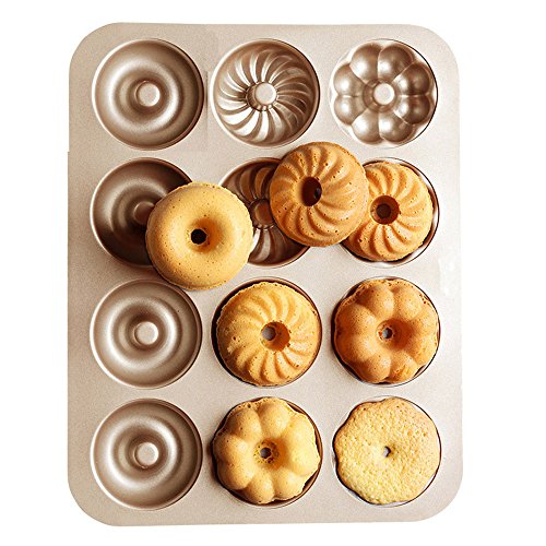 TAMUME Acero al carbono Rosquilla Molde Pan con 12 cavidades, para Hacer 12 Tamaño Completo Donuts en 3 Diferentes Rosquilla Formularios