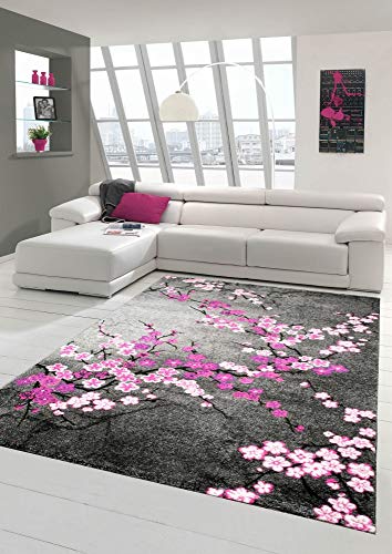 Traum Alfombra diseñador Alfombra Moderna Alfombra de la Sala Estampado de Flores Gris Rosado Blanco Rosado púrpura Größe 160x230 cm