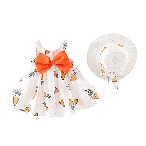 Vestido Bebé Niña Elegante - Falda Corta de Niña Sin Manga + Sombrero de Sol con Lazo Conjunto de 2 Piezas - Vestido Bebés Playa para Cumpleaños, Vacaciones (Naranja, 18-24 Meses)
