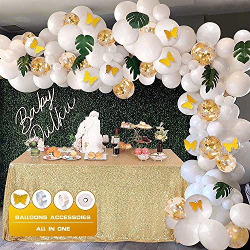 113Pcs Kit de guirnaldas con globos SPECOOL Kit de arcos con globos Confeti blanco y dorado lleno Paquete de globos de látex con cinta de globos para cumpleaños Decoraciones de fondo de bodas