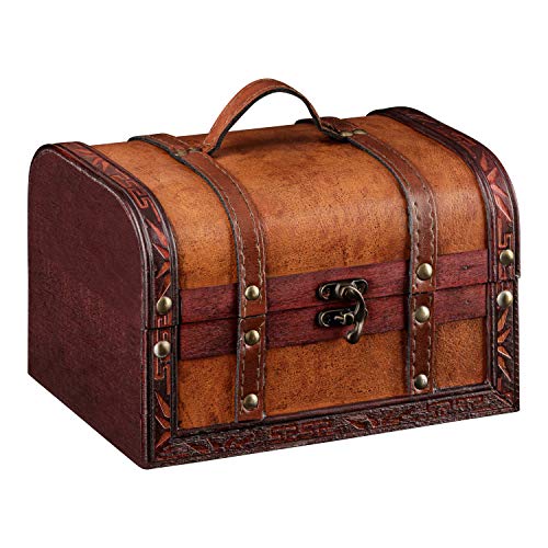 1PLUS Cofre del tesoro - baúl del tesoro - cofre de madera y piel sintética - largo x ancho x alto: 22 x 14 x 14 cm - marrón