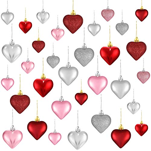 30 Adornos de Corazón de San Valentín, Bolas de Corazón de 3 Estilos de Colores Diferentes Bolas de Árbol de Navidad en Forma de Corazón Decoraciones Colgantes para Aniversario Boda, 2 Tamaños