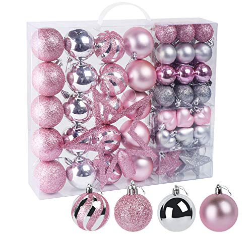 60 Piezas Bolas de Árbol de Navidad. Decoración con Purpurina en Rosa y Plata en Plástico, con Estrella, Cadena, Caja, Adornos Colgantes