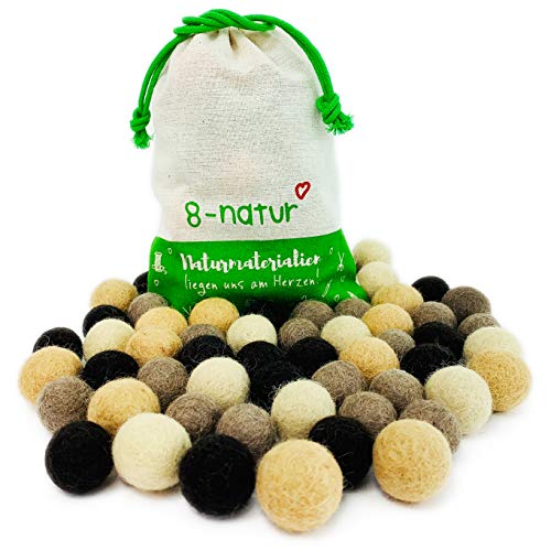 8-Natur Mezcla de 50 bolas de fieltro de 2,2 cm de grosor de pura lana merino para manualidades de guirnaldas, móviles y alfombra de bolas de fieltro o simplemente para decoración.