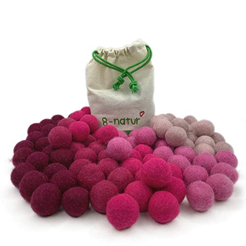8-Natur® Mix Pink - Juego de 100 bolas de fieltro de 2,4 cm de grosor de lana merino pura para manualidades de guirnaldas, teléfonos móviles y alfombras de fieltro o simplemente para decoración