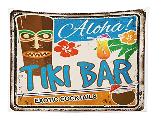 ABAKUHAUS Bar Tiki Tapiz de Pared y Cubrecama Suave, Cartel Vintage Añejado Aloha Tragos Exóticos y Coco Bebidas Antiguo Nostálgico, Resistente a la Suciedad, 150 x 110 cm, Multicolor