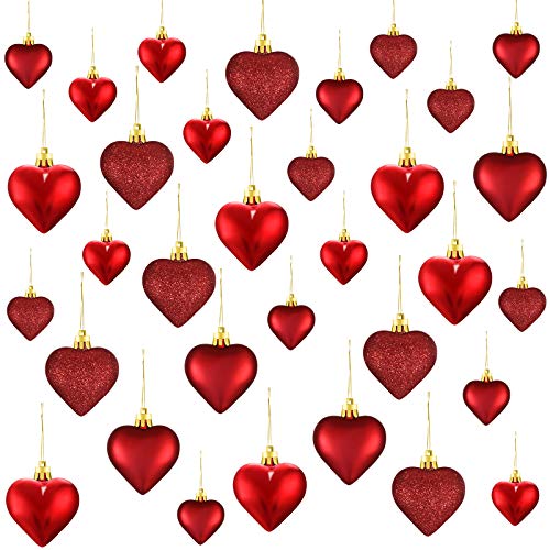 Adornos de Corazón de San Valentín, Bolas de Corazón de 3 Colores Diferentes Bolas de Árbol de Navidad de Corazón Decoraciones Colgantes para Boda, 2 Tamaños (Rojo, 30 Piezas)