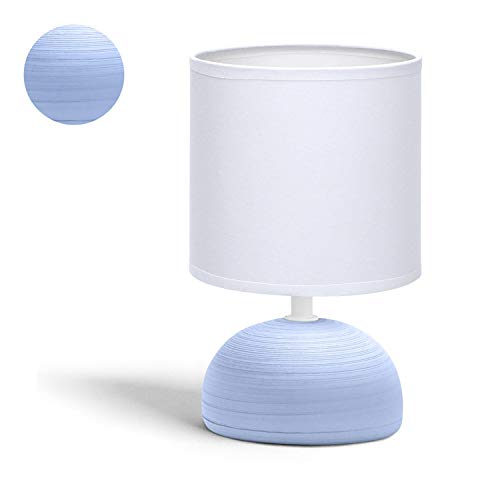 Aigostar - Lámpara de mesa, semioval azul, cuerpo de diseño sencillo color azul, pantalla de tela color blanco, Lámpara de cerámica E14. Perfecta para el salón, dormitorio o recibidor. H23cm