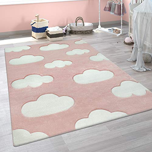 Alfombra Infantil Adorable Colores Pastel Motivo Nubes Pelo Corto En Rosa Blanco, tamaño:120x170 cm