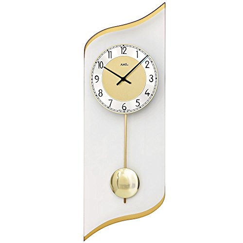 AMS Reloj de péndulo 7437 para salón, de cristal curvado con péndulo de metal