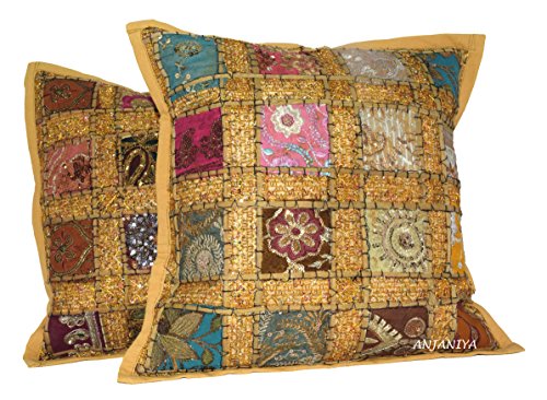 ANJANIYA 2 fundas de cojín con lentejuelas bordadas de 40,6 x 40,6 cm, estilo indio, bohemio, bohemio, fundas de almohada de algodón bordadas a mano (Khaki)