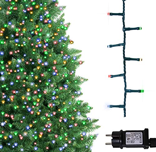 ANSIO Árbol de Navidad Luces 500 LED 12.5m Multicolor Luces interiores/exteriores Decoraciones Luces de cuerda de hadas Alimentación principal 41 pies Longitud encendida Cable verde