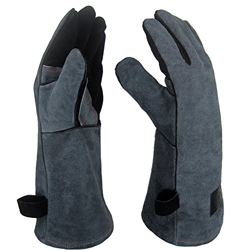 APOGO - Guantes para horno, guantes para hornear, guantes para barbacoa, guantes, 1 par de guantes de piel para barbacoa de 41 x 15 x 1,5 cm, ante, con colgador, agarradores para