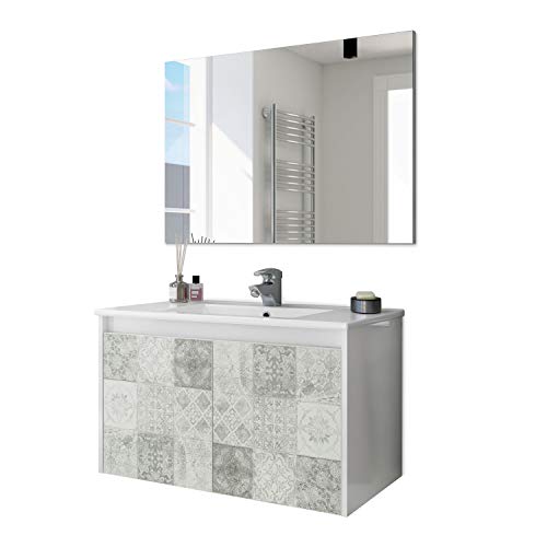 ARKITMOBEL 305034BO - Mueble de baño Due Dos Puertas con Estampado baldosas, modulo Lavabo Colgante Color Blanco Brillo y Arlo (Mosaico hidráulico), Medidas: 80cm (Ancho) x 48cm (Alto) x 45cm (Fondo)