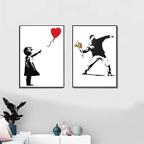 Banksy - Lienzo decorativo para pared, diseño de niña con globo rojo, color blanco y negro, 30 x 40 cm, 2 unidades, sin marco