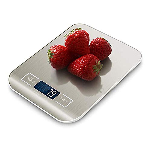 Báscula Digital para Cocina de Acero Inoxidable, 5kg / 11 lbs, Balanza de Alimentos Multifuncional, Peso de Cocina, Color Plata (Baterías Incluidas)