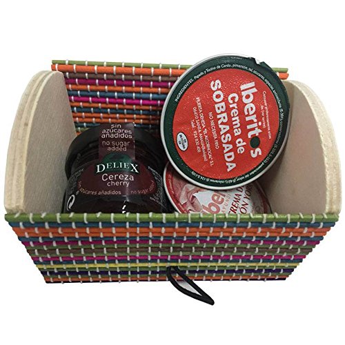 Baúl multicolor de madera con mermelada de cerezas y dos monodosis de paté (crema de jamón york, y paté ibérico) para comuniones (Pack 24 ud)