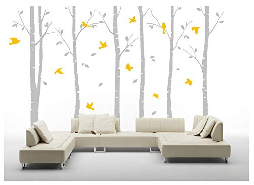 BDECOLL 6 Grandes árboles de Abedul con pájaros Vinilo de Pared Mural de Adhesivo para decoración de habitación,71" h x 110w (Gris)