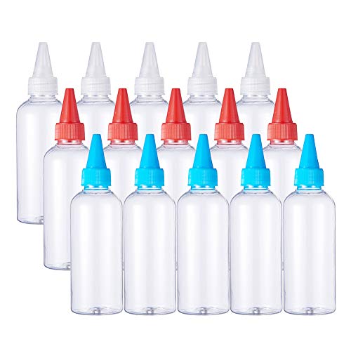 BENECREAT 15 Pack 100ml Botella de Plástico Transparente para Apretar Botellas, Tapones Rojos Azules y Blancos, para Buenas, Manualidades, Pegamento, Multiusos, plástico