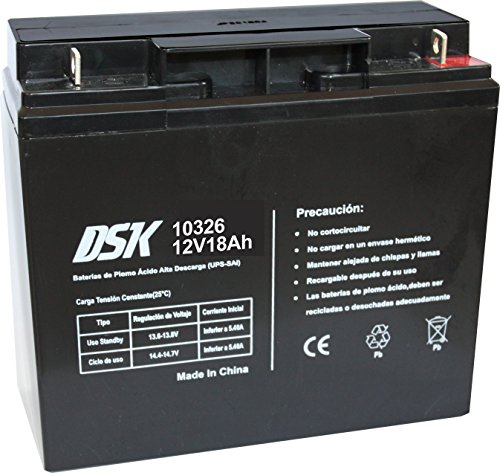 DSK 10326 - Batería de Plomo ácido Recargable de 12V 18Ah Ideal para Sistemas de Alarma de Seguridad, Iluminación de Emergencia, Equipos Eléctricos OEM, Sistemas SAI, Movilidad Eléctrica, Negro