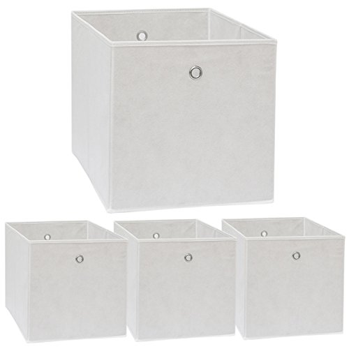 DuneDesign Set de 4 Cajas de Almacenaje 33x38x33cm Cestas de Almacenamiento Plegables de Tela 2 Ojales de Metal Blanco