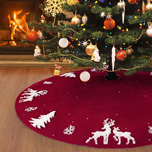 Falda de árbol de Navidad de 122 cm,falda de punto para árbol de Navidad,cubierta de base de alce 3D, falda rústica de árbol rojo para decoraciones de Navidad interiores y exteriores