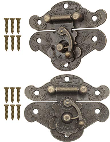 FUXXER® - 2 cierres antiguos, ganchos, candado, diseño de hierro de bronce, herrajes para cajas, 64 x 50 mm, incluye tornillos, juego de 2 unidades.