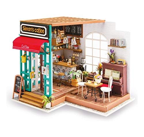 FZ FUTURE Juego de Mini casa de Madera de Bricolaje, Kit de la casa de muñecas 3Dminiature con Muebles, Adultos y Adolescentes, apartamento Villa de Montaje Creativo,Simon'S Coffee