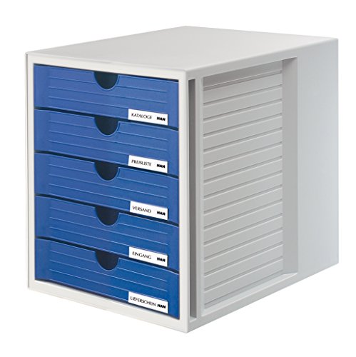 Han - Cajonera de oficina (5 cajones con etiquetas, tamaño C4, 275 x 320 x 330 mm), color gris claro y azul