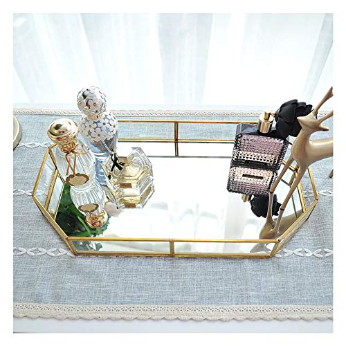 Hggzeg Bandeja de cristal dorado con espejo, bandeja decorativa de metal poligonal para joyas, organizador de perfumes, bandeja de maquillaje para tocador, baño, dormitorio (grande)