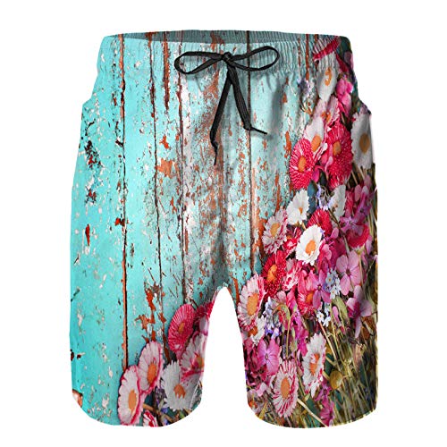 Hombres Playa Bañador Shorts,Flores de Colores de Verano en Madera Vintage,Traje de baño con Forro de Malla de Secado rápido XL