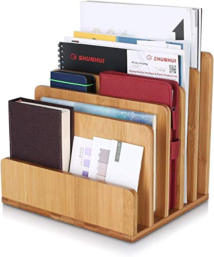 Homfa Organizador de Escritorio Bambú Archivador Almacenaje Documentos Revistas Libros Papel A4 para Oficina Estudio con 5 Compartimentos 24.5x20.5x23cm