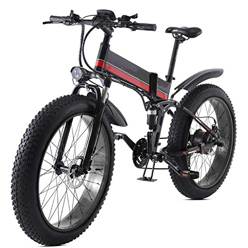 HWOEK Bicicleta Eléctrica Plegables, 26" Adulto Bicicleta Eléctrica de Viaje Nieve/Montaña 4.0 Neumáticos Gruesos con Asiento Trasero1000W Motor sin Escobillas,Black Red