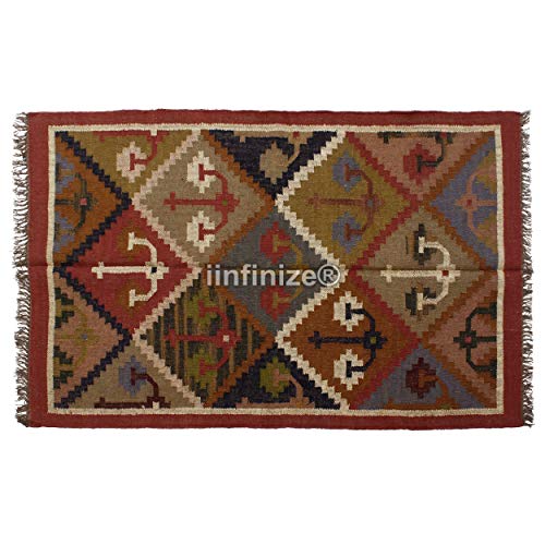iinfinize Alfombra de yute de lana india vintage tejida a mano Kilim Vintage Alfombra decorativa para el hogar, alfombra rústica de yute, camino de mesa de gran área