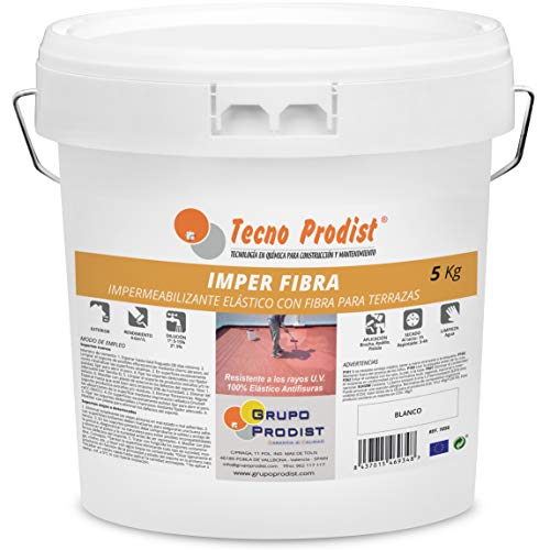 IMPER FIBRA de Tecno Prodist - 5 Kg (BLANCO) Pintura Impermeabilizante elástica para Terrazas con Fibras Incorporadas - (A Rodillo o brocha, disponible en color rojo o blanco)