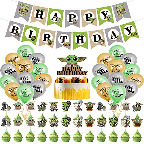 Juego de 50 decoraciones para fiesta de Yoda de bebé, suministros de cumpleaños temáticos de Star Wars para niños y bebés, globos de Yoda