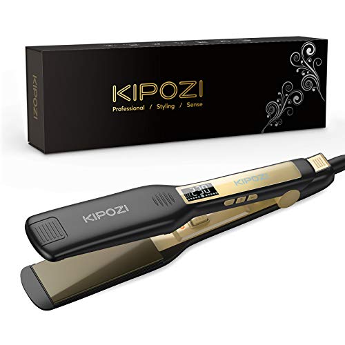 KIPOZI Plancha de Pelo Profesional, placa ancha de titanio con pantalla digital Lcd, adecuada para todo tipo de cabello, doble voltaje (negro)