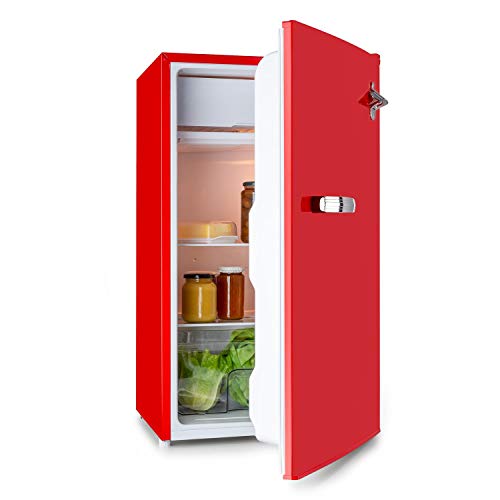 Klarstein Beercracker 90L – Nevera de 90 litros, eficiencia energética de clase A+, incluye congelador, cajón para verduras, 3 compartimentos en la puerta, abrebotellas, 2 baldas de vidrio, rojo