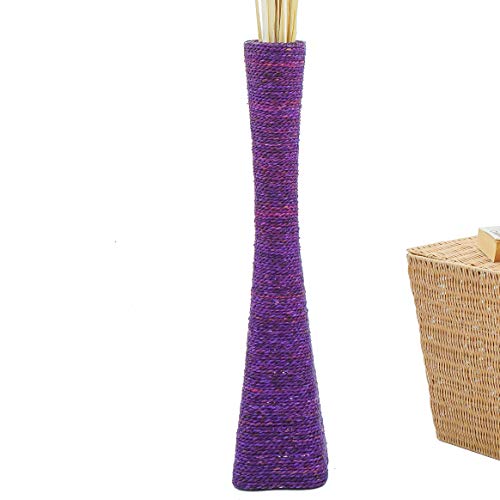 Leewadee jarrón Grande para el Suelo – Florero Alto y Hecho a Mano de bambú y Rafia, Recipiente de pie para Ramas Decorativas, 75 cm, Lila