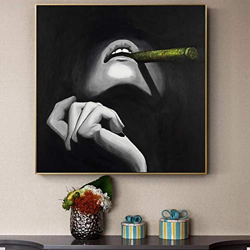 Lienzo de pared Creativo moderno Mujeres fumadoras con cigarrillo dorado Carteles e impresiones en blanco y negro Cuadros de pared Pintura de arte en lienzo-50x50cm Sin marco