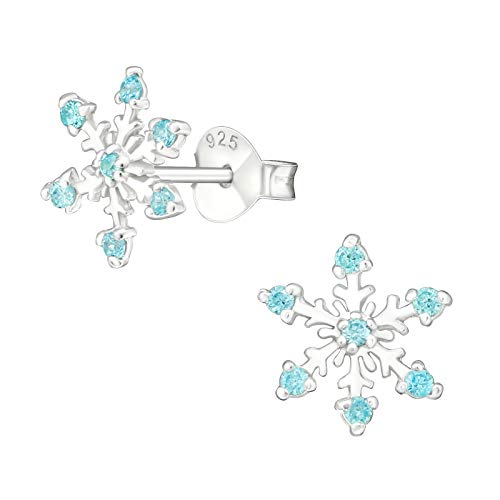 LRP Pendientes de copo de nieve de circonita, plata 925, Frozen Elsa - color azul