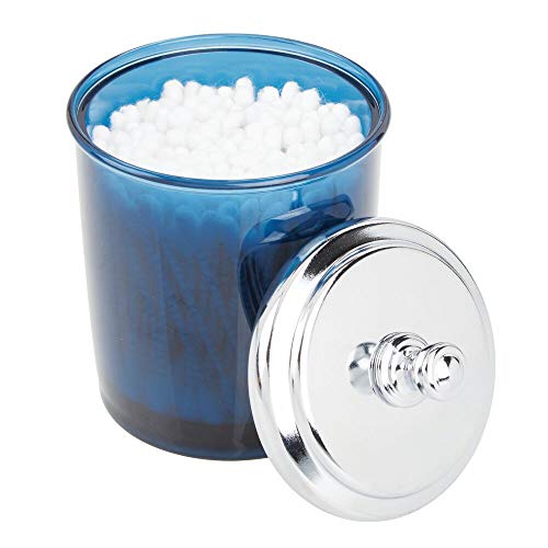 mDesign Algodonero de plástico y Metal – Organizador para cosméticos con Tapa para Discos de algodón y Gomas del Pelo – Versátil Organizador de baño para el Lavabo – Azul Oscuro y Plateado