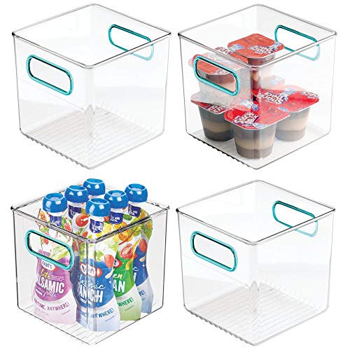 mDesign Juego de 4 cestas organizadoras para la cocina – Caja de plástico para el frigorífico – Organizador de nevera para guardar lácteos, frutas y otros alimentos – transparente/azul