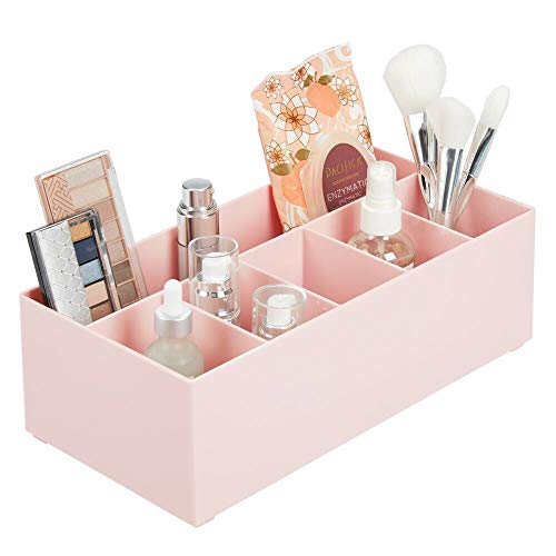 mDesign Organizador de cosméticos para el lavabo o el tocador – Caja organizadora de plástico libre de BPA para guardar el maquillaje – Moderna cesta de baño con 6 compartimentos – rosa