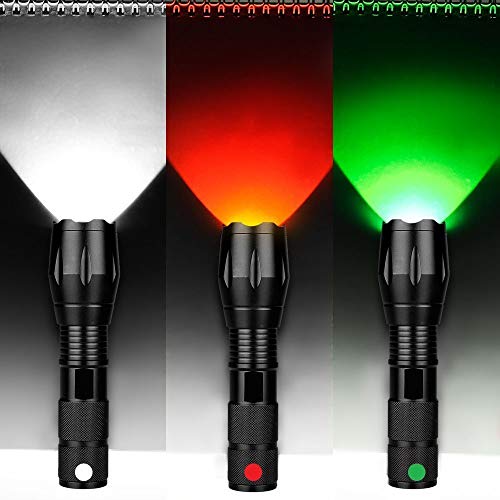 Multicolor Blanco Verde Rojo Luz Antorcha 3Colores RGB Linterna Táctica Portátil Ultra Brillante T6 LED 5 Modos Deportes al Aire Libre Luz de Trabajo con Base Magnética, para Trabajo de Camping