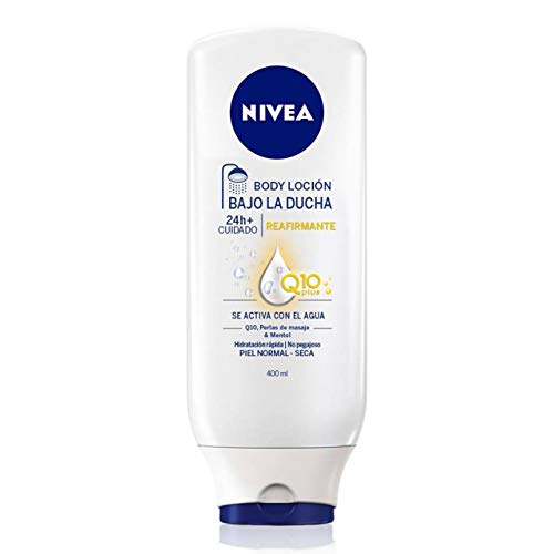 NIVEA Bajo la Ducha Loción Reafirmante Q10Plus (1 x 400 ml), loción corporal para la ducha, acondicionador de piel de rápida absorción para piel seca y normal