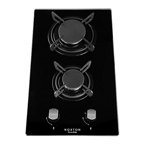 NOXTON Construido-en 30cm 2 Fuegos Encimera De Gas Domino Negro Cocina de Vidrio con Kit de GLP & FPD [Clase de Energía A +]